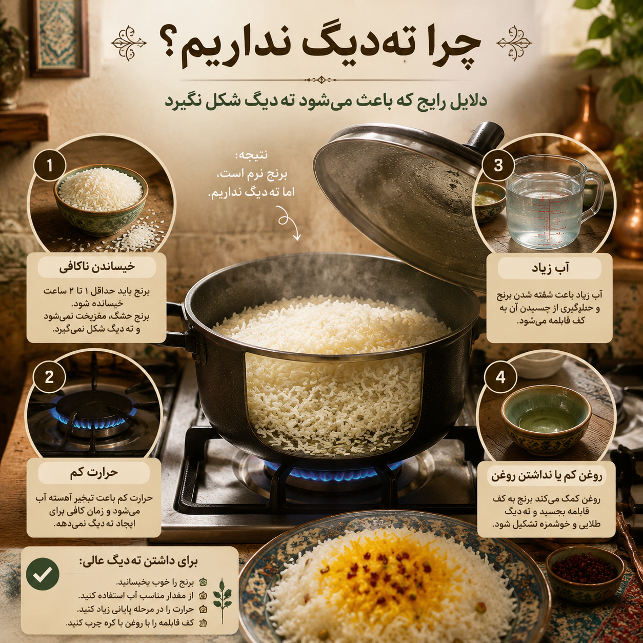 چرا برنج تهدیگ نمیدهد؟ ۸ علت مهم 9 چرا برنج تهدیگ نمیدهد؟